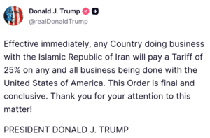 Donald Trump imposes 25% tariff on Iran
